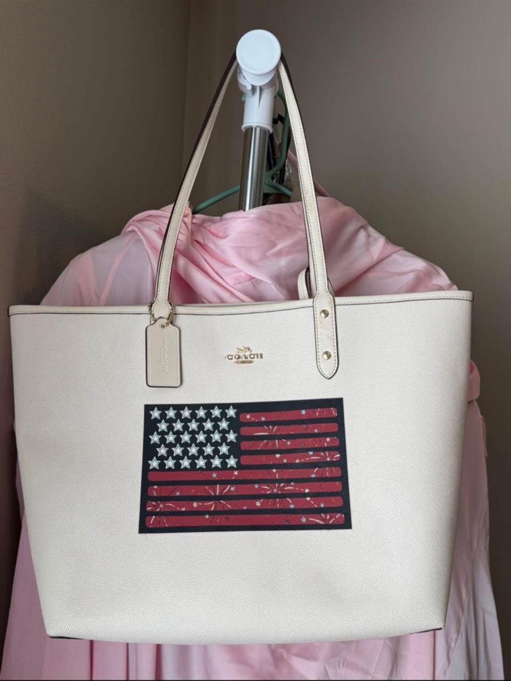 Coach Cream Leather Tote with Red & Navy Flag Graphic